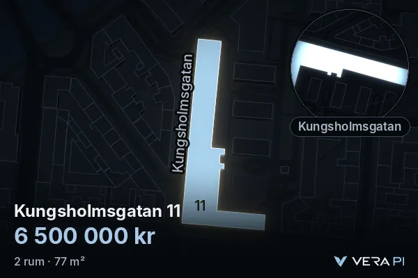 VERA PI:s bild av Kungsholmsgatan 11: huset i 3D, upplyst i blått, och kartan runt omkring