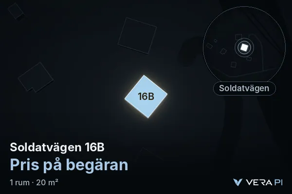 VERA PI:s bild av Soldatvägen 16B: huset i 3D, upplyst i blått, och kartan runt omkring