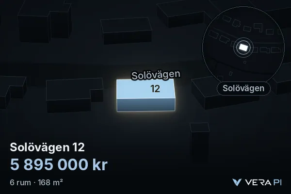 VERA PI:s bild av Solövägen 12: huset i 3D, upplyst i blått, och kartan runt omkring