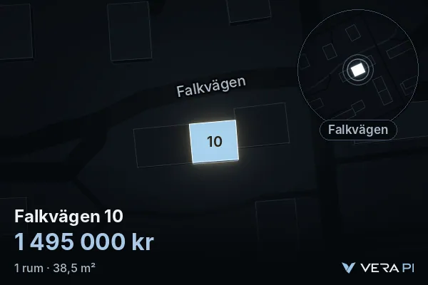 VERA PI's image of Falkvägen 10: the building in 3D, lit in blue, and the map around it