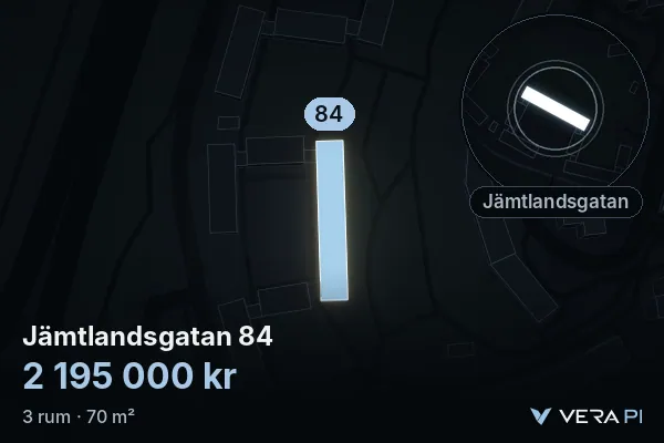 VERA PI:s bild av Jämtlandsgatan 84: huset i 3D, upplyst i blått, och kartan runt omkring