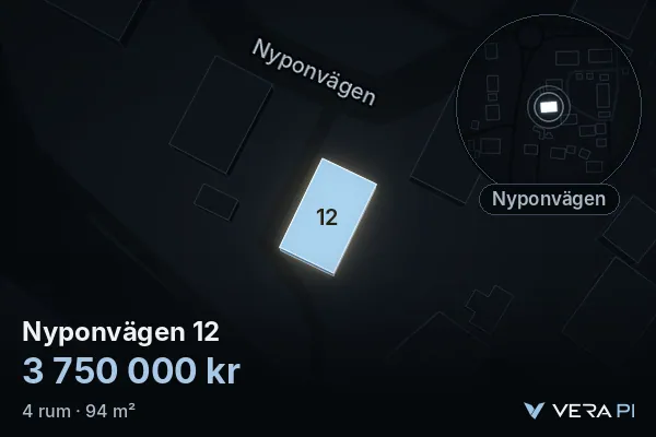 VERA PI's image of Nyponvägen 12: the building in 3D, lit in blue, and the map around it