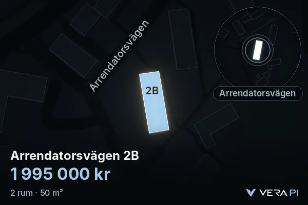 VERA PI:s bild av Arrendatorsvägen 2B: huset i 3D, upplyst i blått, och kartan runt omkring