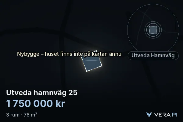 VERA PI:s bild av Utveda hamnväg 25: huset i 3D, upplyst i blått, och kartan runt omkring