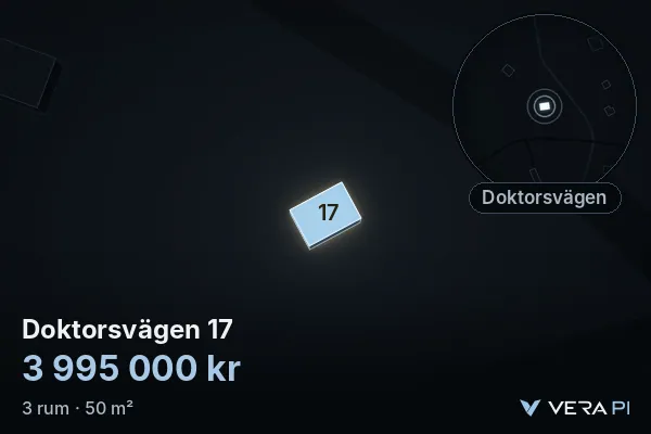 VERA PI:s bild av Doktorsvägen 17: huset i 3D, upplyst i blått, och kartan runt omkring