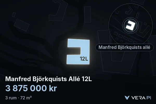 VERA PI's image of Manfred Björkquists Allé 12L: the building in 3D, lit in blue, and the map around it