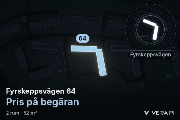 VERA PI's image of Fyrskeppsvägen 64: the building in 3D, lit in blue, and the map around it