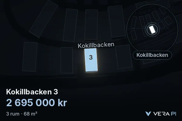 VERA PI:s bild av Kokillbacken 3: huset i 3D, upplyst i blått, och kartan runt omkring