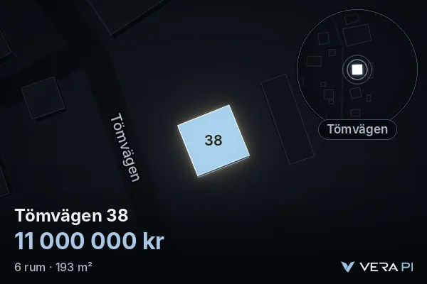 VERA PI:s bild av Tömvägen 38: huset i 3D, upplyst i blått, och kartan runt omkring