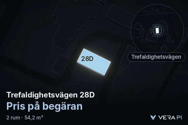 VERA PI's image of Trefaldighetsvägen 28D: the building in 3D, lit in blue, and the map around it