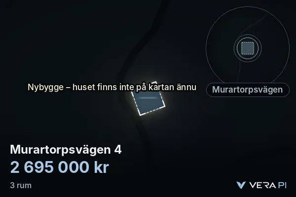 VERA PI:s bild av Murartorpsvägen 4: huset i 3D, upplyst i blått, och kartan runt omkring