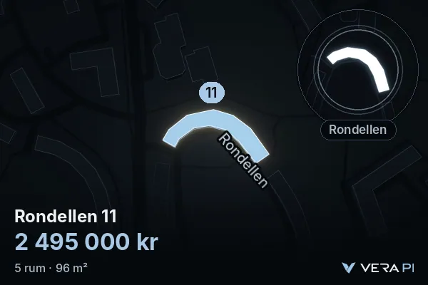 VERA PI's image of Rondellen 11: the building in 3D, lit in blue, and the map around it