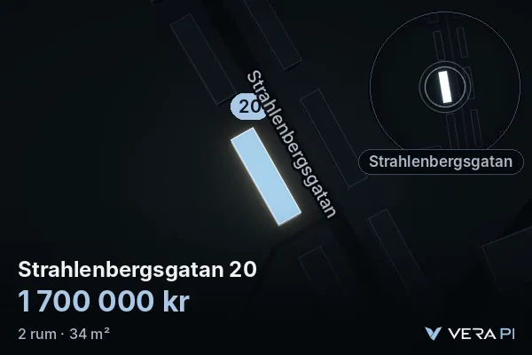 VERA PI:s bild av Strahlenbergsgatan 20: huset i 3D, upplyst i blått, och kartan runt omkring