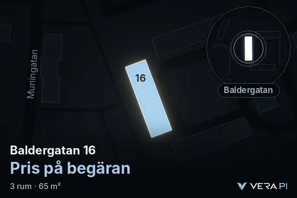 VERA PI's image of Baldergatan 16: the building in 3D, lit in blue, and the map around it