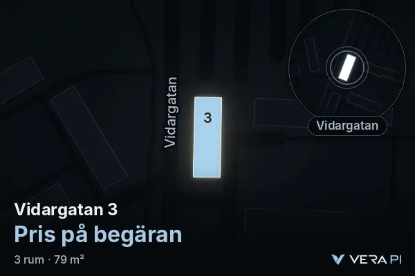 VERA PI's image of Vidargatan 3: the building in 3D, lit in blue, and the map around it