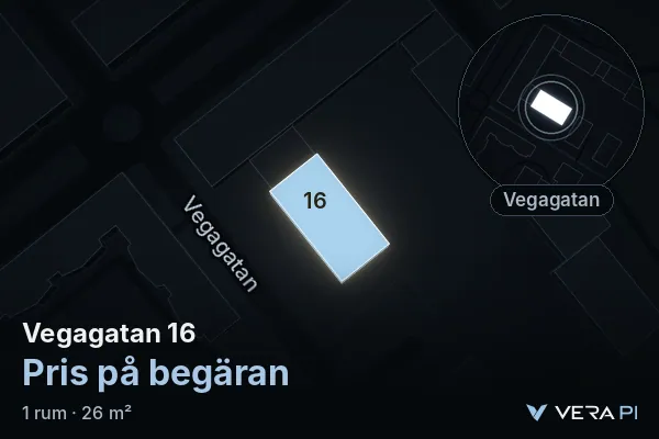 VERA PI:s bild av Vegagatan 16: huset i 3D, upplyst i blått, och kartan runt omkring