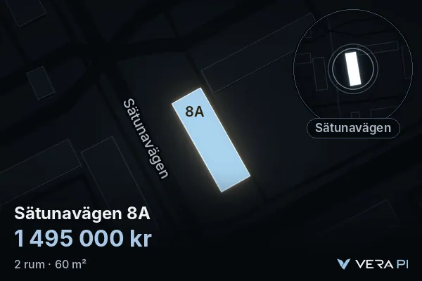 VERA PI's image of Sätunavägen 8A: the building in 3D, lit in blue, and the map around it