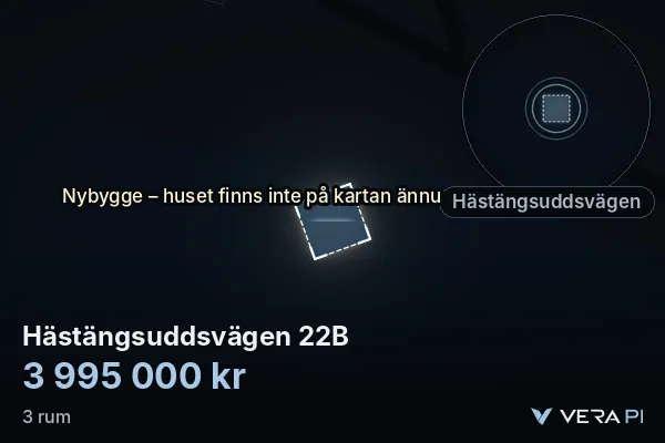 VERA PI:s bild av Hästängsuddsvägen 22B: huset i 3D, upplyst i blått, och kartan runt omkring