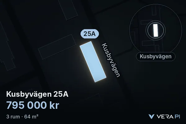 VERA PI's image of Kusbyvägen 25A: the building in 3D, lit in blue, and the map around it