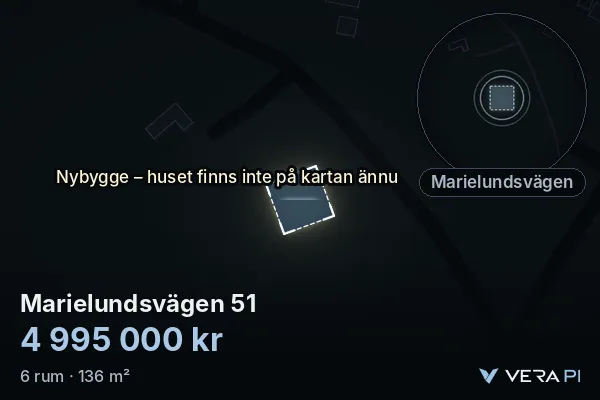 VERA PI's image of Marielundsvägen 51: the building in 3D, lit in blue, and the map around it