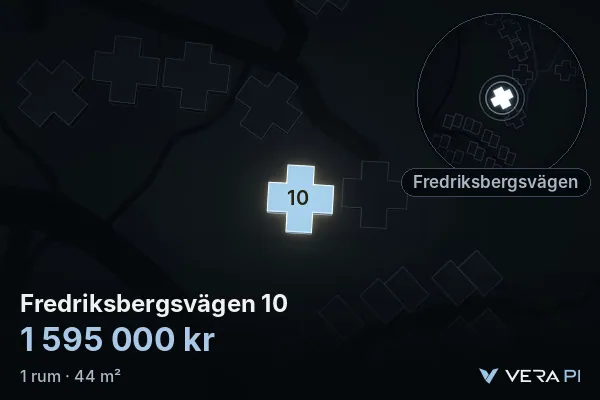 VERA PI's image of Fredriksbergsvägen 10: the building in 3D, lit in blue, and the map around it