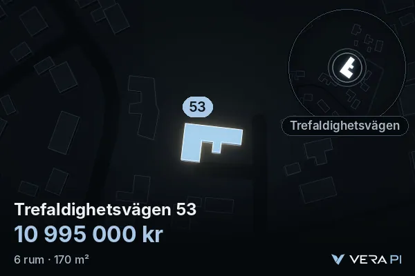 VERA PI:s bild av Trefaldighetsvägen 53: huset i 3D, upplyst i blått, och kartan runt omkring