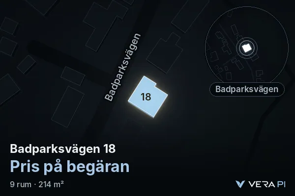 VERA PI's image of Badparksvägen 18: the building in 3D, lit in blue, and the map around it