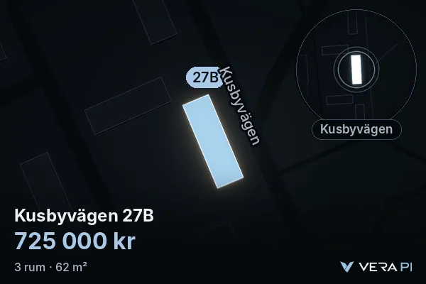 VERA PI:s bild av Kusbyvägen 27B: huset i 3D, upplyst i blått, och kartan runt omkring