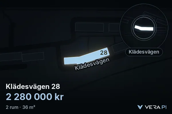 VERA PI:s bild av Klädesvägen 28: huset i 3D, upplyst i blått, och kartan runt omkring