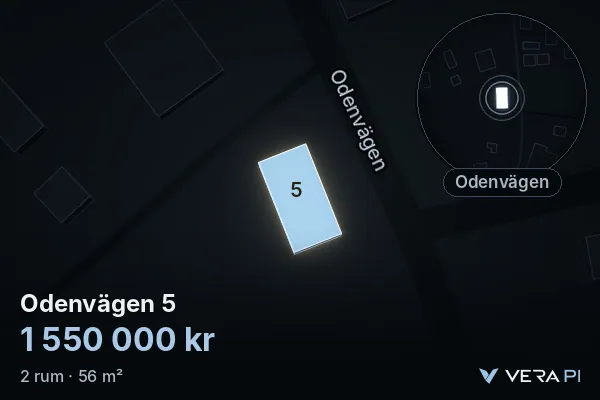 VERA PI's image of Odenvägen 5: the building in 3D, lit in blue, and the map around it