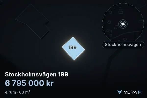 VERA PI:s bild av Stockholmsvägen 199: huset i 3D, upplyst i blått, och kartan runt omkring