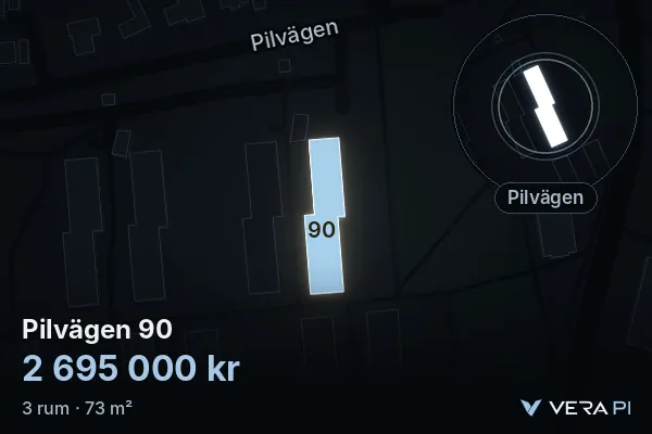 VERA PI:s bild av Pilvägen 90: huset i 3D, upplyst i blått, och kartan runt omkring