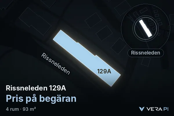 VERA PI:s bild av Rissneleden 129A: huset i 3D, upplyst i blått, och kartan runt omkring