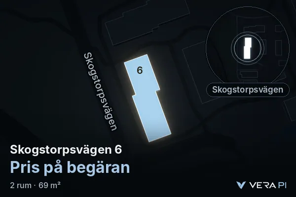 VERA PI's image of Skogstorpsvägen 6: the building in 3D, lit in blue, and the map around it