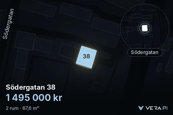 VERA PI's image of Södergatan 38: the building in 3D, lit in blue, and the map around it