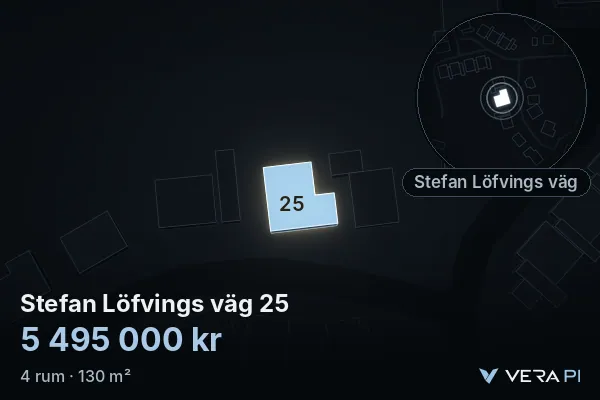 VERA PI's image of Stefan Löfvings väg 25: the building in 3D, lit in blue, and the map around it