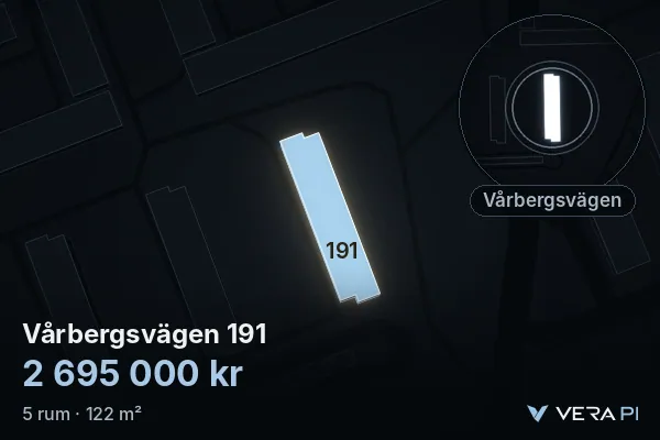 VERA PI:s bild av Vårbergsvägen 191: huset i 3D, upplyst i blått, och kartan runt omkring
