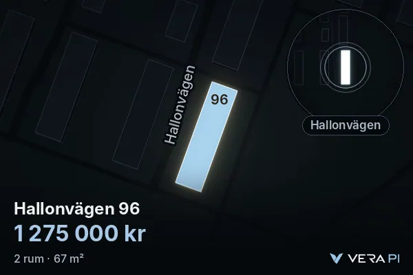 VERA PI:s bild av Hallonvägen 96: huset i 3D, upplyst i blått, och kartan runt omkring
