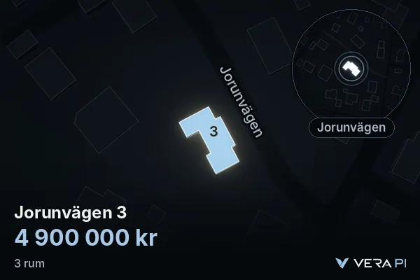 VERA PI:s bild av Jorunvägen 3: huset i 3D, upplyst i blått, och kartan runt omkring