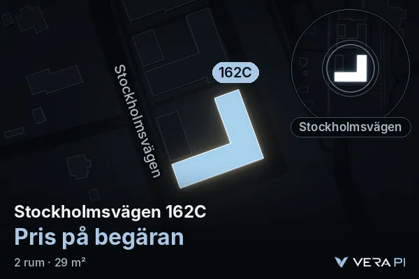 VERA PI's image of Stockholmsvägen 162C: the building in 3D, lit in blue, and the map around it