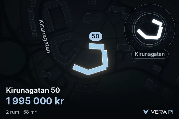 VERA PI:s bild av Kirunagatan 50: huset i 3D, upplyst i blått, och kartan runt omkring
