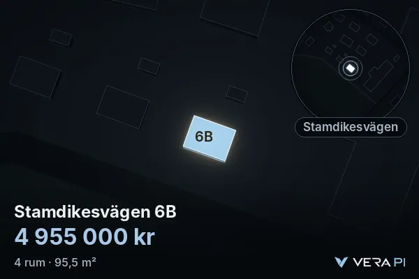 VERA PI:s bild av Stamdikesvägen 6B: huset i 3D, upplyst i blått, och kartan runt omkring