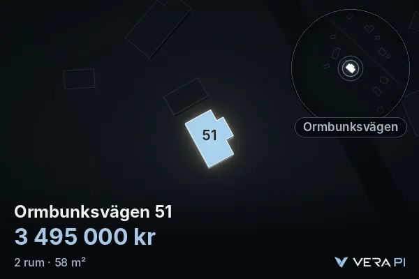 VERA PI:s bild av Ormbunksvägen 51: huset i 3D, upplyst i blått, och kartan runt omkring