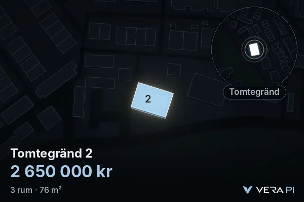 VERA PI's image of Tomtegränd 2: the building in 3D, lit in blue, and the map around it