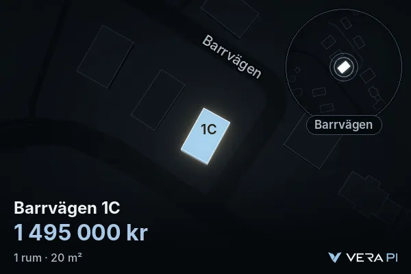 VERA PI's image of Barrvägen 1C: the building in 3D, lit in blue, and the map around it