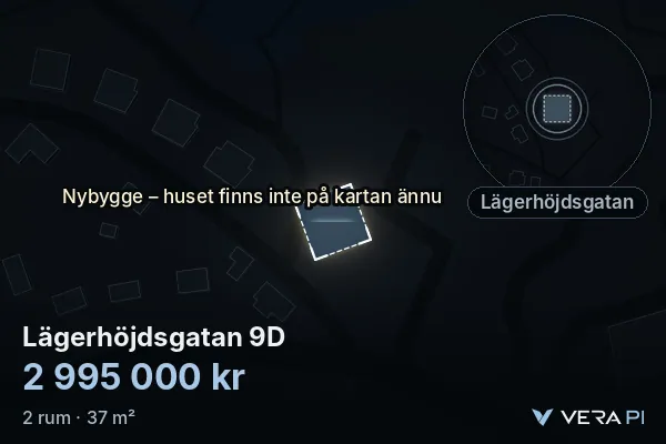 VERA PI's image of Lägerhöjdsgatan 9D: the building in 3D, lit in blue, and the map around it