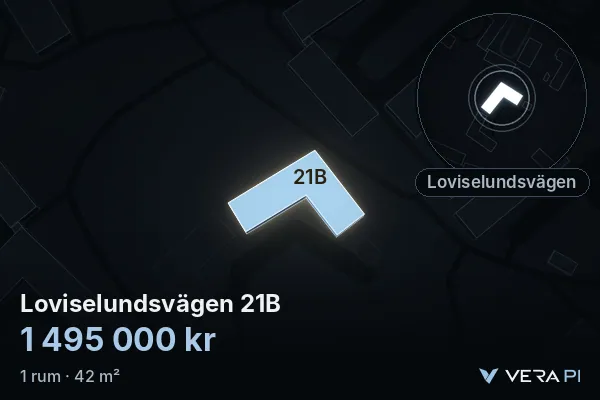 VERA PI:s bild av Loviselundsvägen 21B: huset i 3D, upplyst i blått, och kartan runt omkring