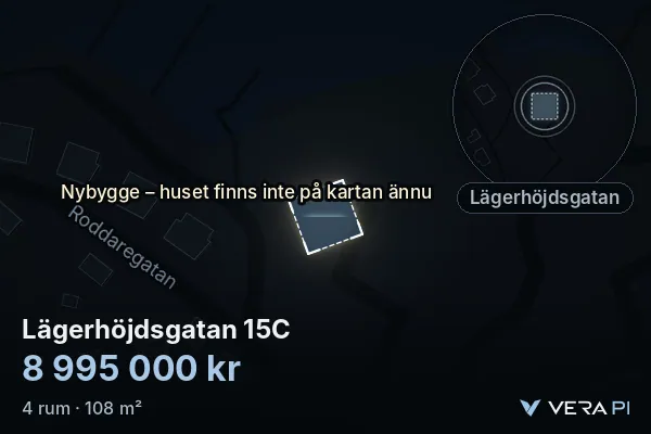 VERA PI's image of Lägerhöjdsgatan 15C: the building in 3D, lit in blue, and the map around it