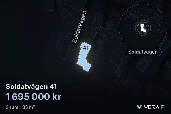VERA PI's image of Soldatvägen 41: the building in 3D, lit in blue, and the map around it