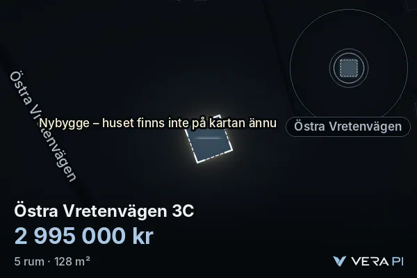 VERA PI's image of Östra Vretenvägen 3C: the building in 3D, lit in blue, and the map around it